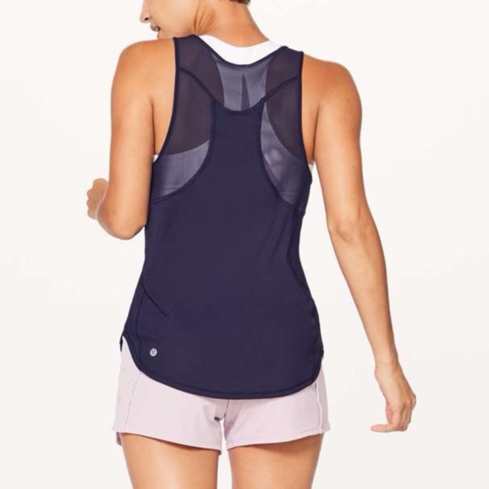 Lululemon High Neck Training Tank Top Navy Mesh Back Panel Cutout Geometric